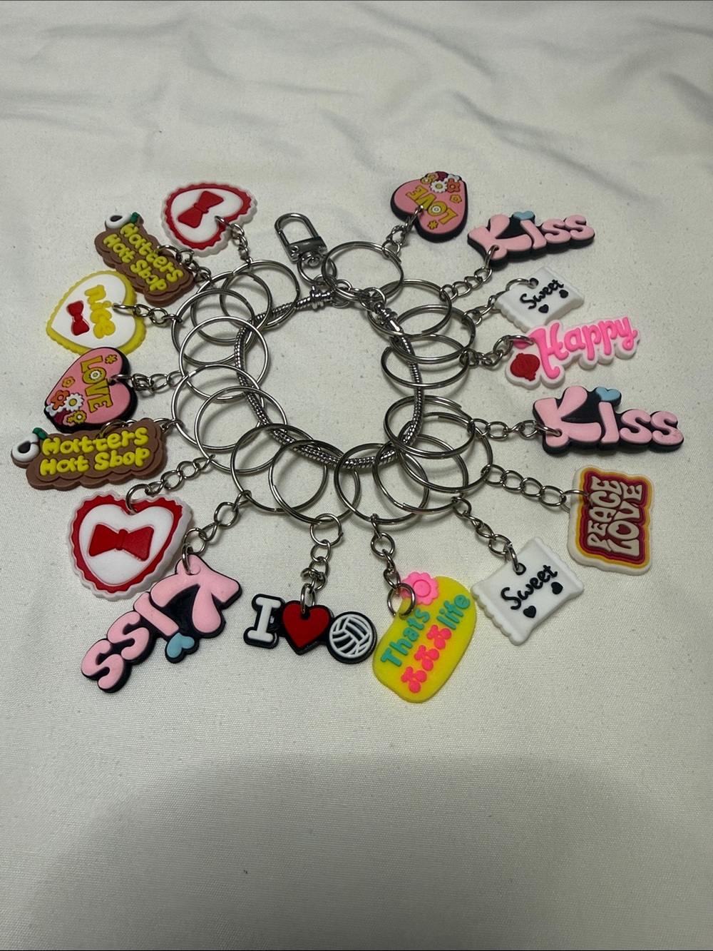 Sets of 16 Pieces Multi-Charms Keyring Set with Pink and Red Accents